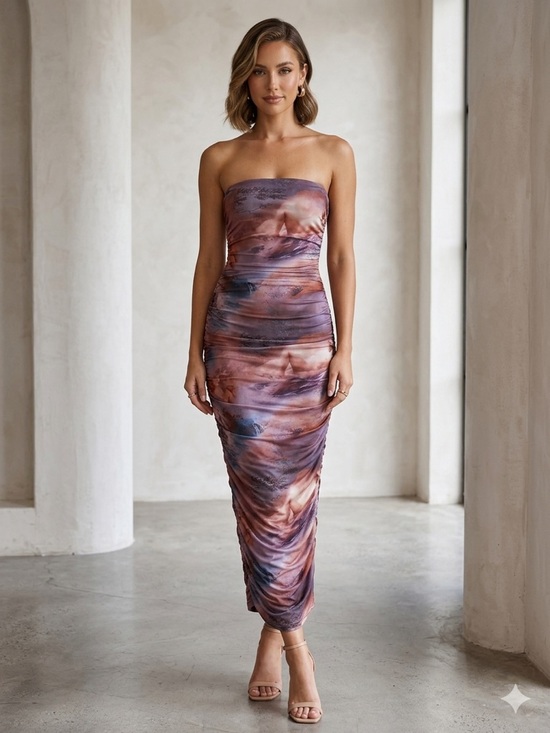 Pretty Garbage Dresses & Skirts - Pretty Garbage Draped Sunset Print Bodycon Dress - Size L